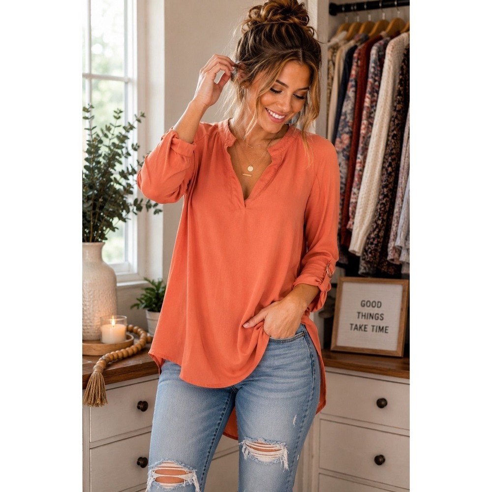 Coral Roll-Tab Sleeve Blouse | Boutique Career Casual Top | Women's Medium